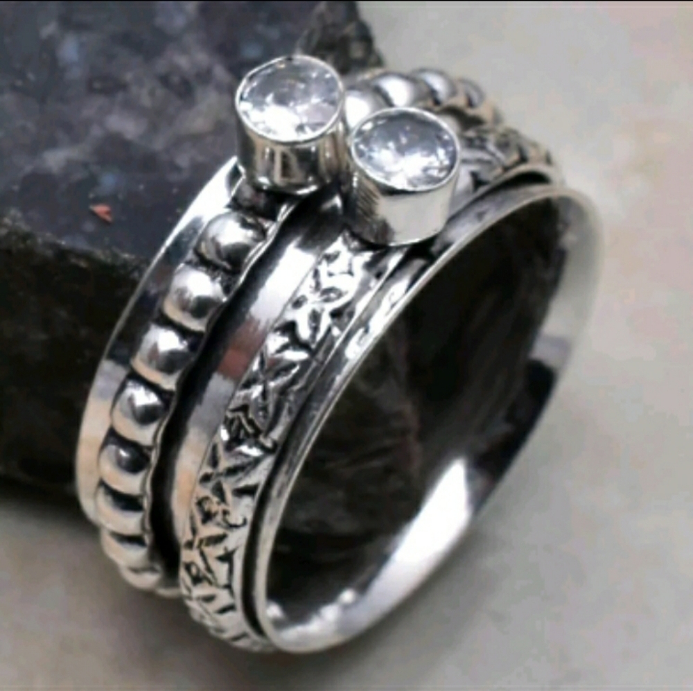 New Double White Topaz 925 Silver Spinner Meditation Ring.
